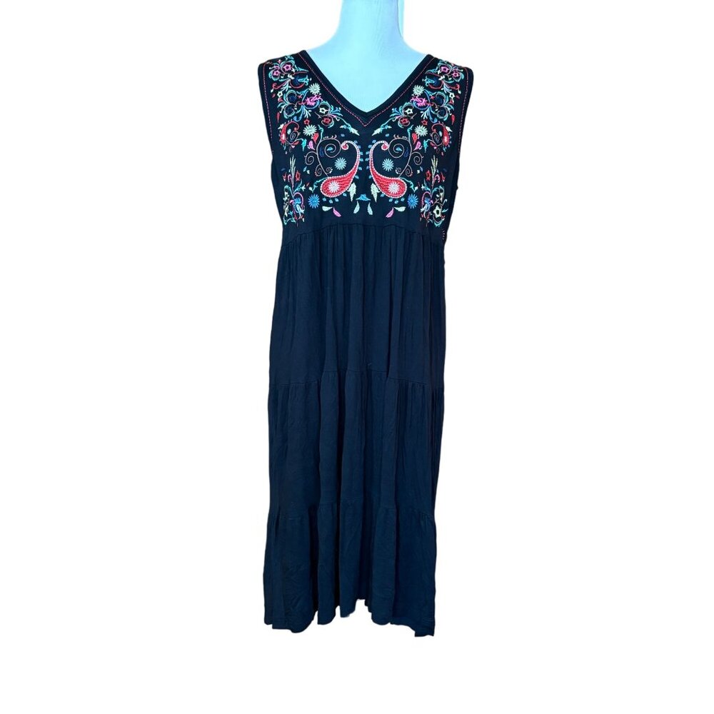 Boho Black Sleeveless Dress Stretch Embroidery Flowy 1X CottageCore DesignHist